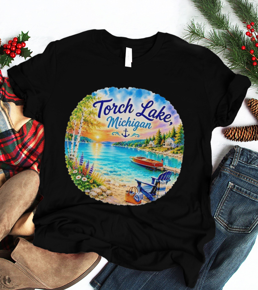 Torch Lake Michigan Sunset Scenic Lakeside Anchor T-Shirt