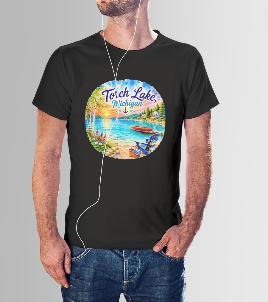 Torch Lake Michigan Sunset Scenic Lakeside Anchor T-Shirt