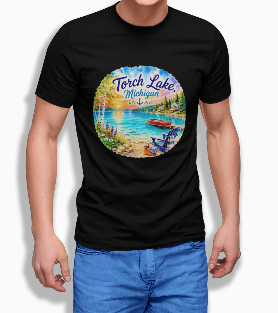 Torch Lake Michigan Sunset Scenic Lakeside Anchor T-Shirt