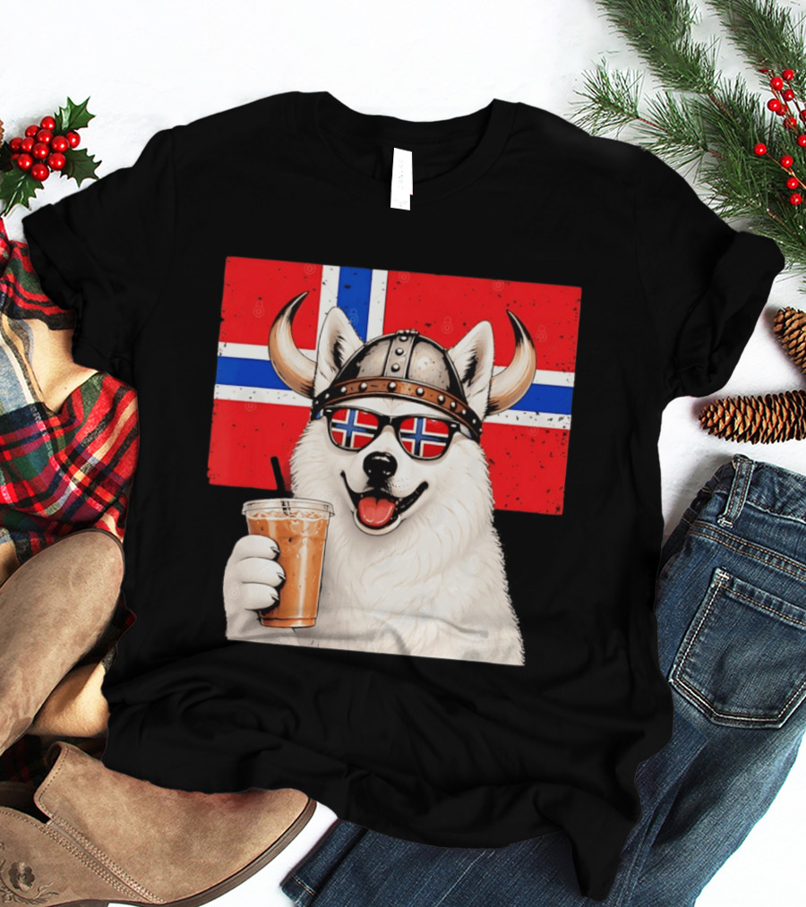 Viking Husky With Norwegian Flag Glasses And Iced Coffee T-Shirt