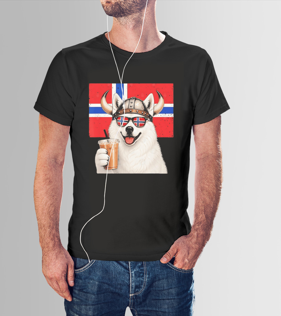 Viking Husky With Norwegian Flag Glasses And Iced Coffee T-Shirt