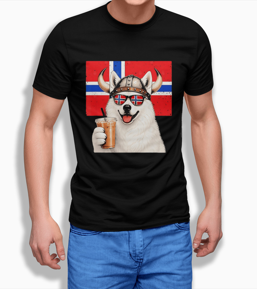 Viking Husky With Norwegian Flag Glasses And Iced Coffee T-Shirt