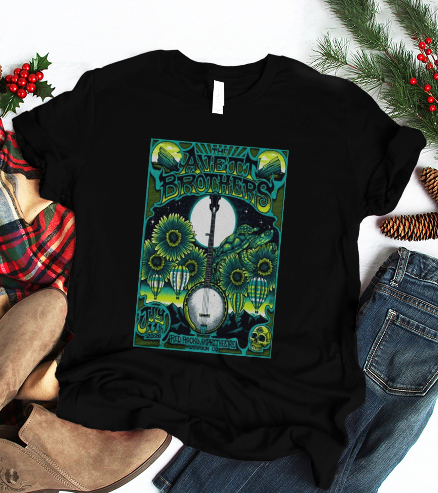 The Avett Brothers Red Rocks Amphitheatre July 11 2026 Morrison CO Banjo Sunflowers Hot Air Balloons Turtles Skulls T-Shirt