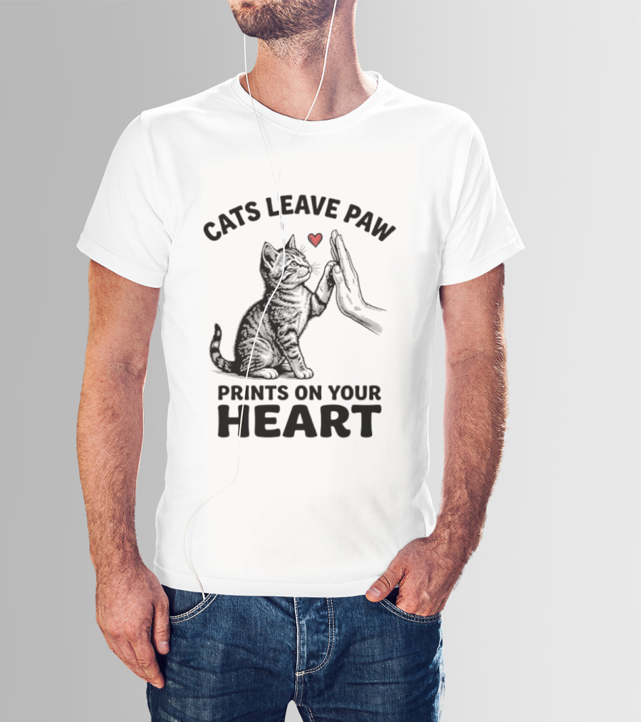 Cats Leave Paw Prints On Your Heart With Hand And Paw High Five T-Shirt