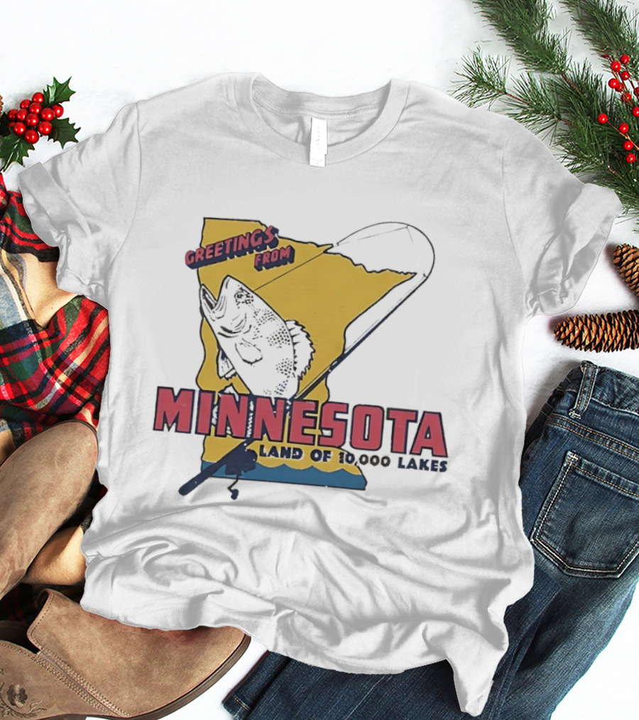 Greetings From Minnesota Land Of 10000 Lakes Fishing Map T-Shirt