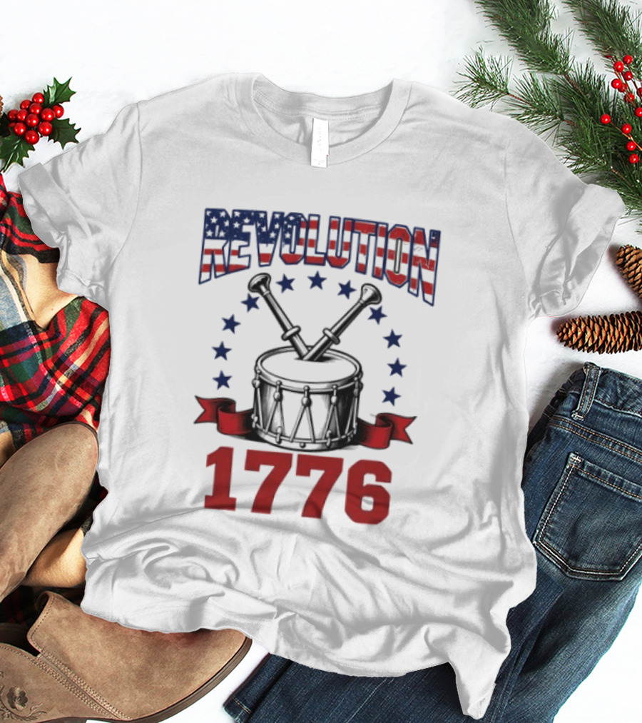 Revolution 1776 American Independence Drum With Stars And Crossed Drumsticks T-Shirt