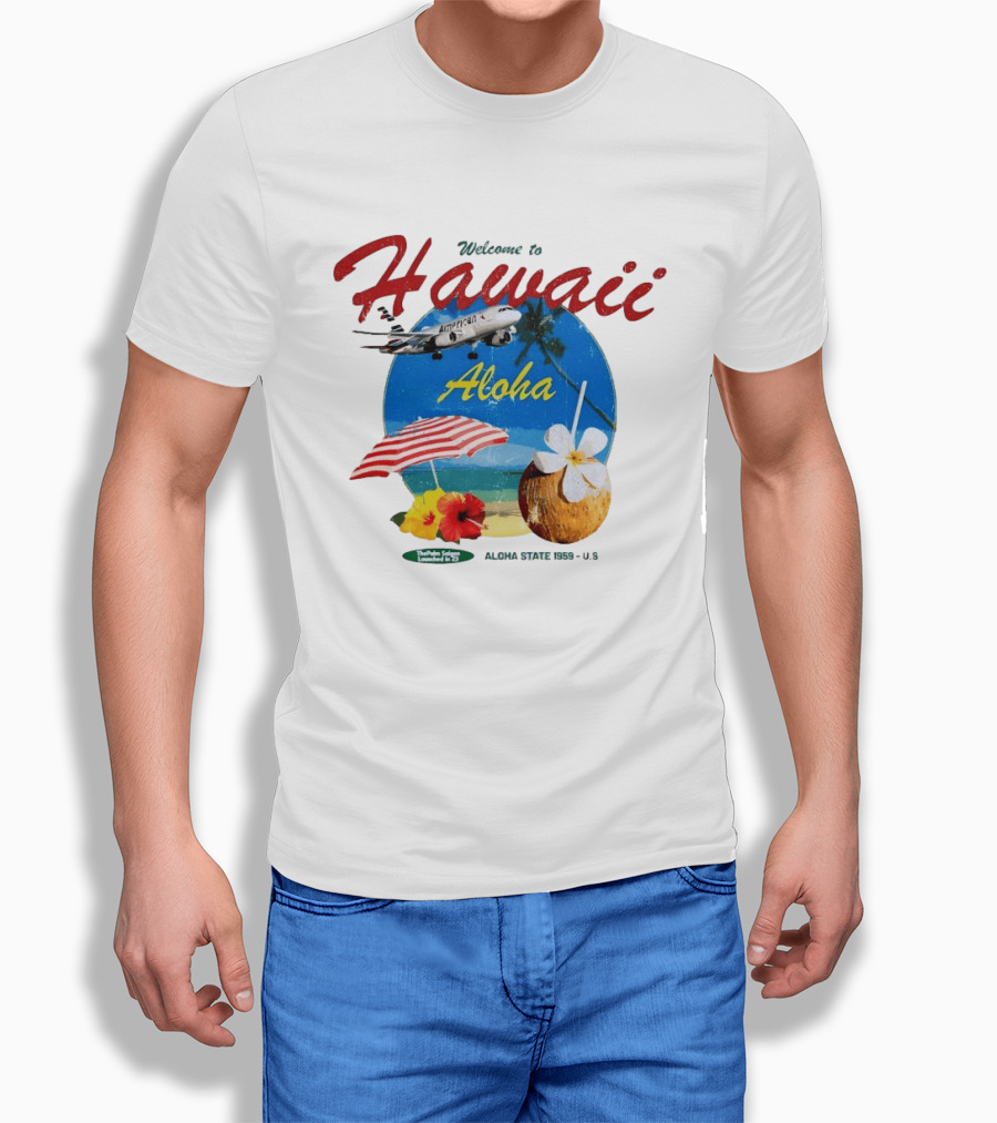 Welcome To Hawaii Aloha American Airplane Palm Trees Tropical Drink Beach Scene T-Shirt