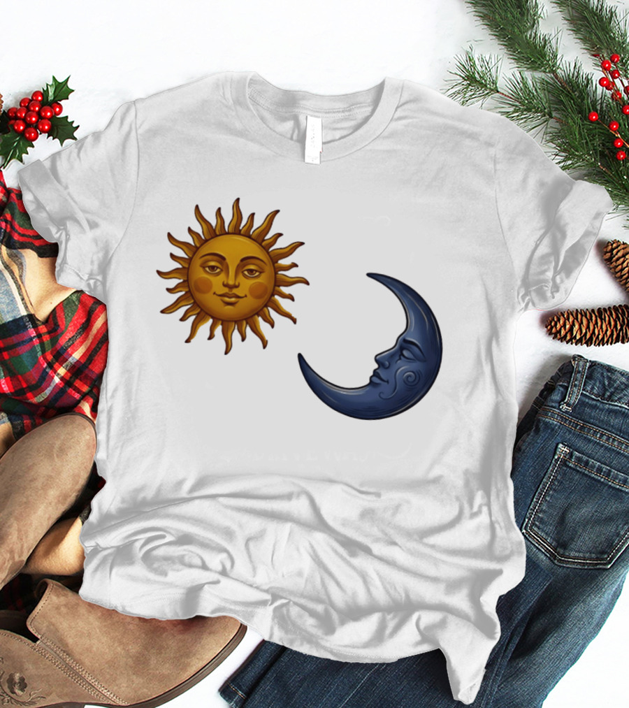 Sun Face And Crescent Moon Celestial Pair Harmony T-Shirt