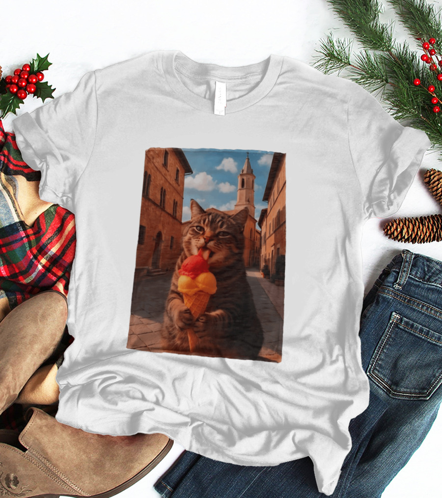Tabby Cat Eating Ice Cream Cone In Italian Village Street Scene T-Shirt
