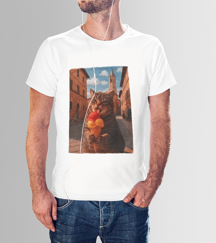 Tabby Cat Eating Ice Cream Cone In Italian Village Street Scene T-Shirt