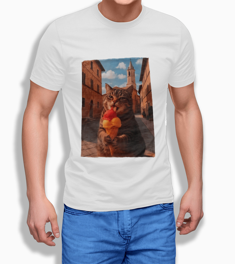 Tabby Cat Eating Ice Cream Cone In Italian Village Street Scene T-Shirt