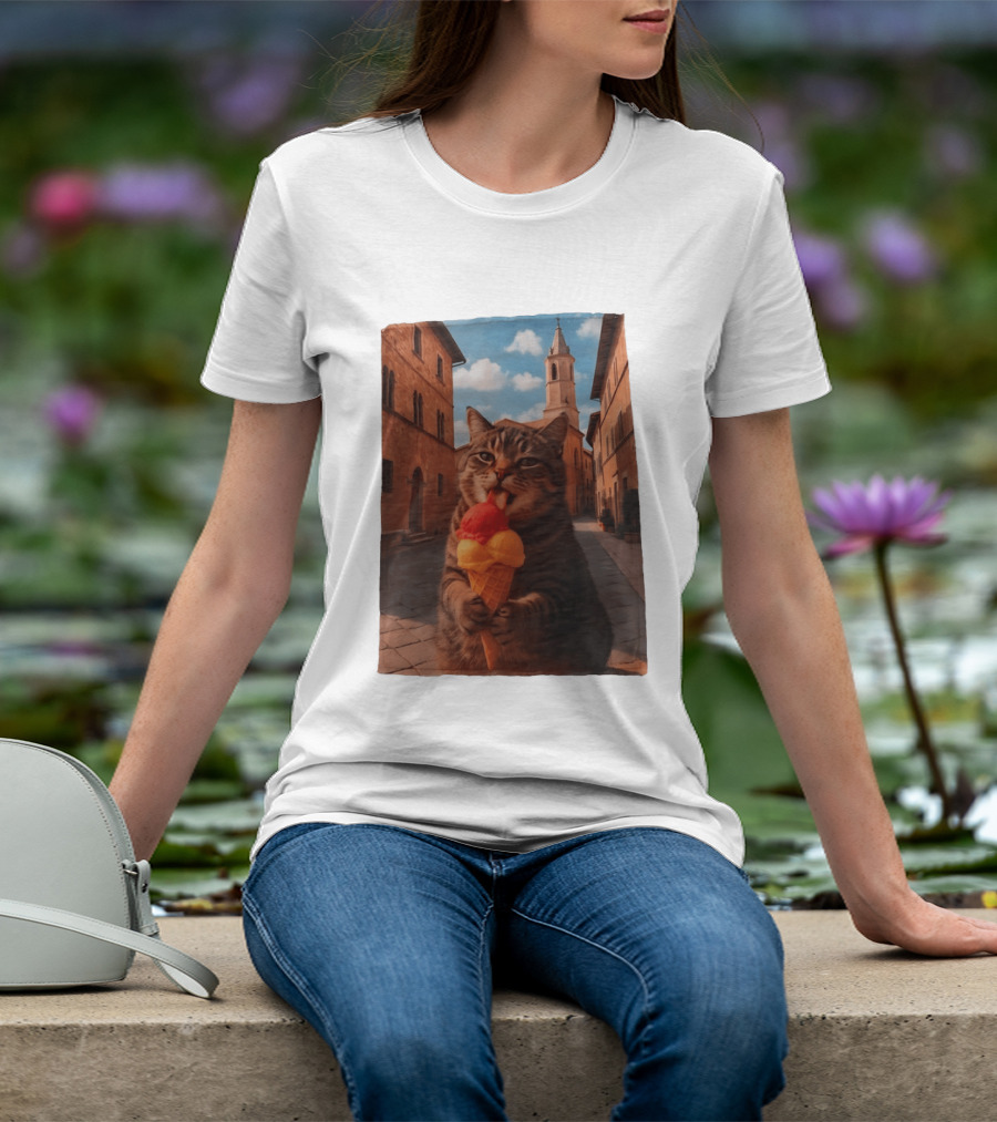Tabby Cat Eating Ice Cream Cone In Italian Village Street Scene T-Shirt