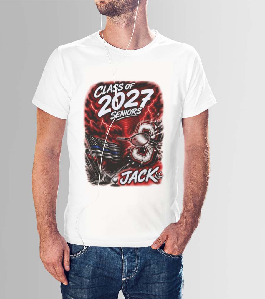 Class Of 2027 Seniors Jack Black Flag Lightning Tennis Football T-Shirt