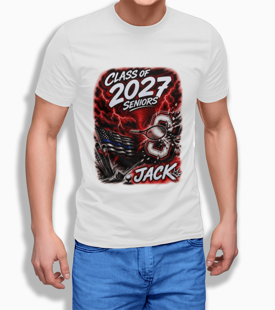 Class Of 2027 Seniors Jack Black Flag Lightning Tennis Football T-Shirt