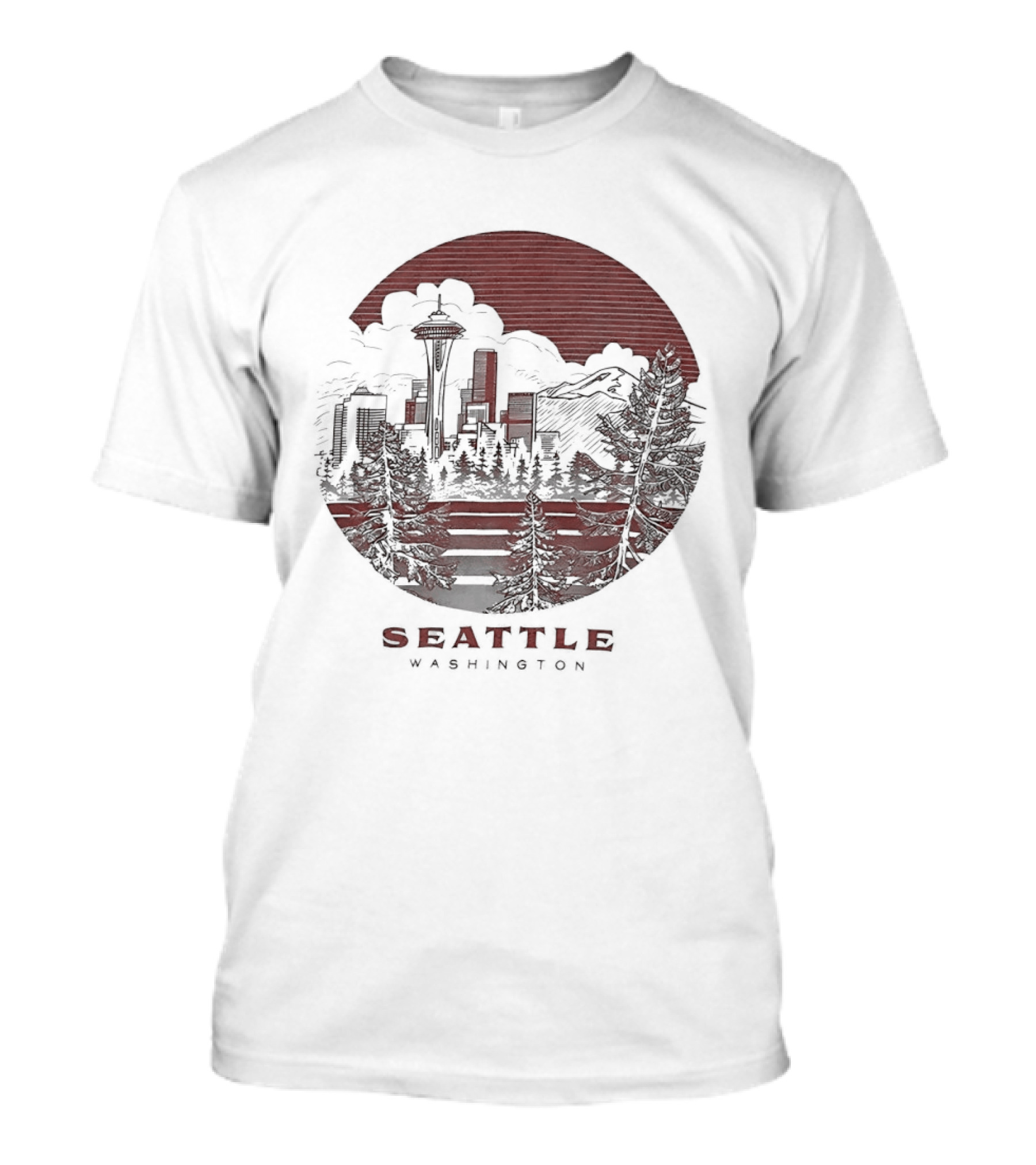 Seattle Washington Skyline Space Needle Mountains Forest T-Shirt
