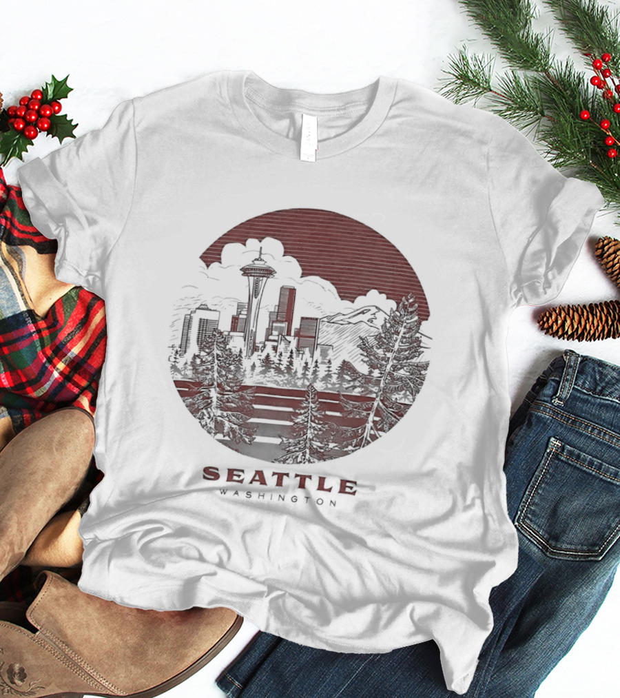 Seattle Washington Skyline Space Needle Mountains Forest T-Shirt