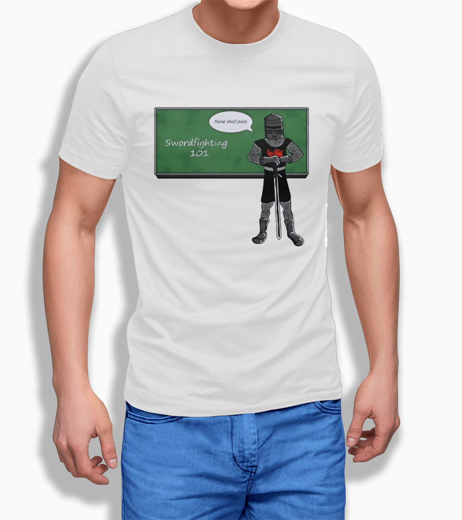 Swordfighting 101 None Shall Pass Black Knight Cartoon T-Shirt