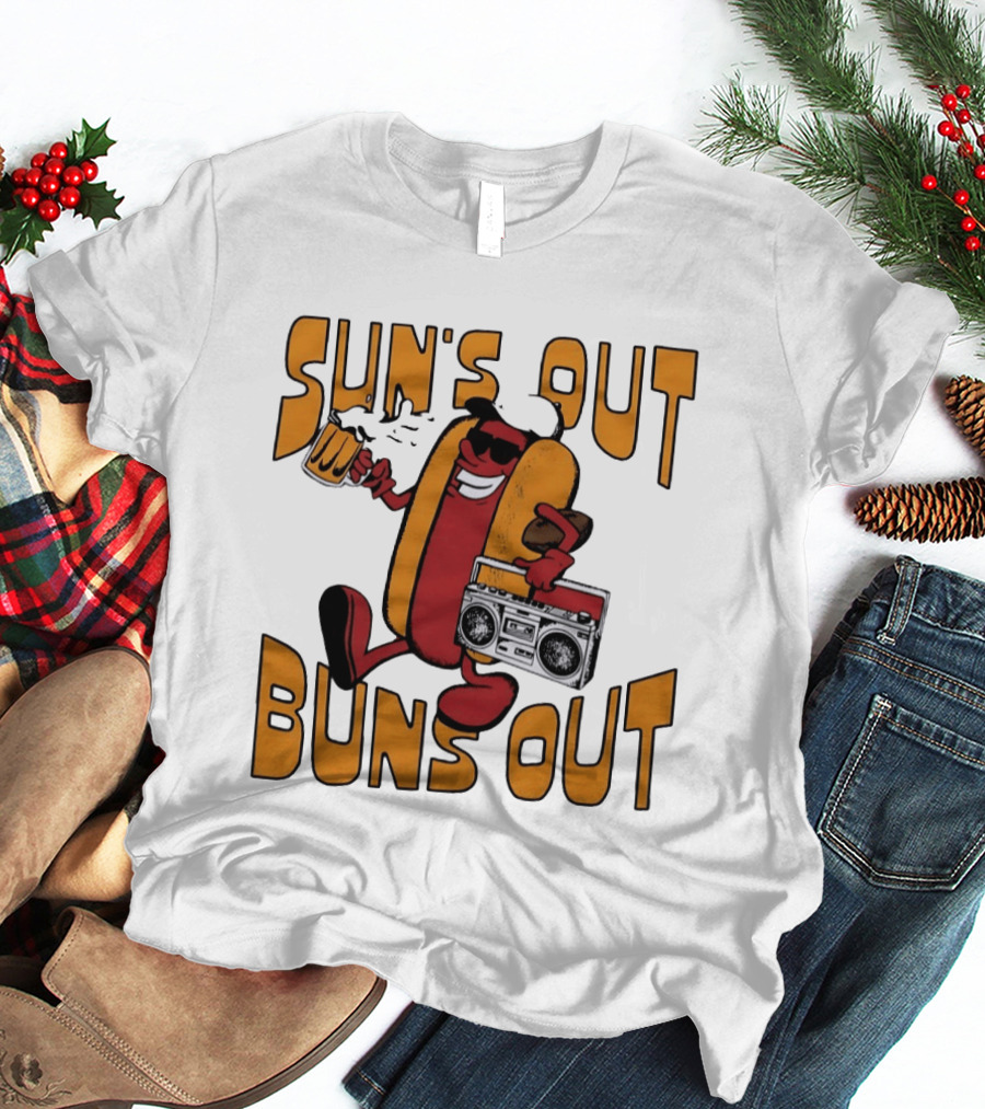 Sun's Out Buns Out Hot Dog With Sunglasses Holding Beer And Boombox T-Shirt