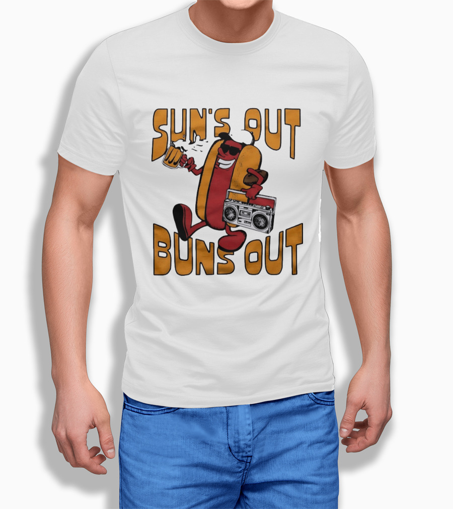Sun's Out Buns Out Hot Dog With Sunglasses Holding Beer And Boombox T-Shirt