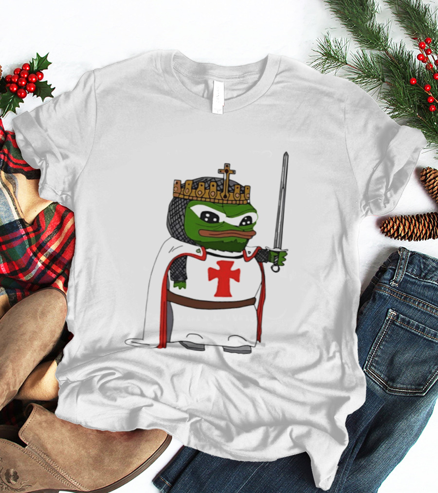 Pepe The Frog King Holding Sword Medieval Crusader Knight With Crown And Cape T-Shirt