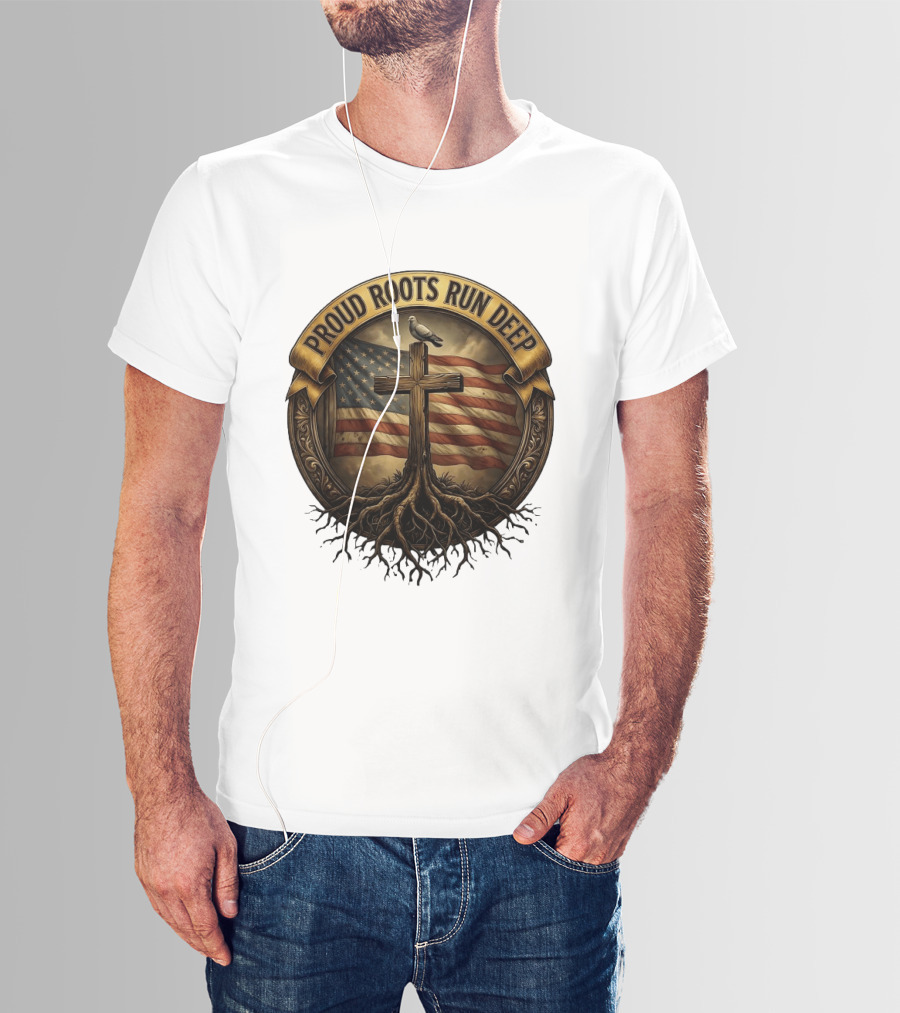 Proud Roots Run Deep Cross Dove American Flag Roots T-Shirt