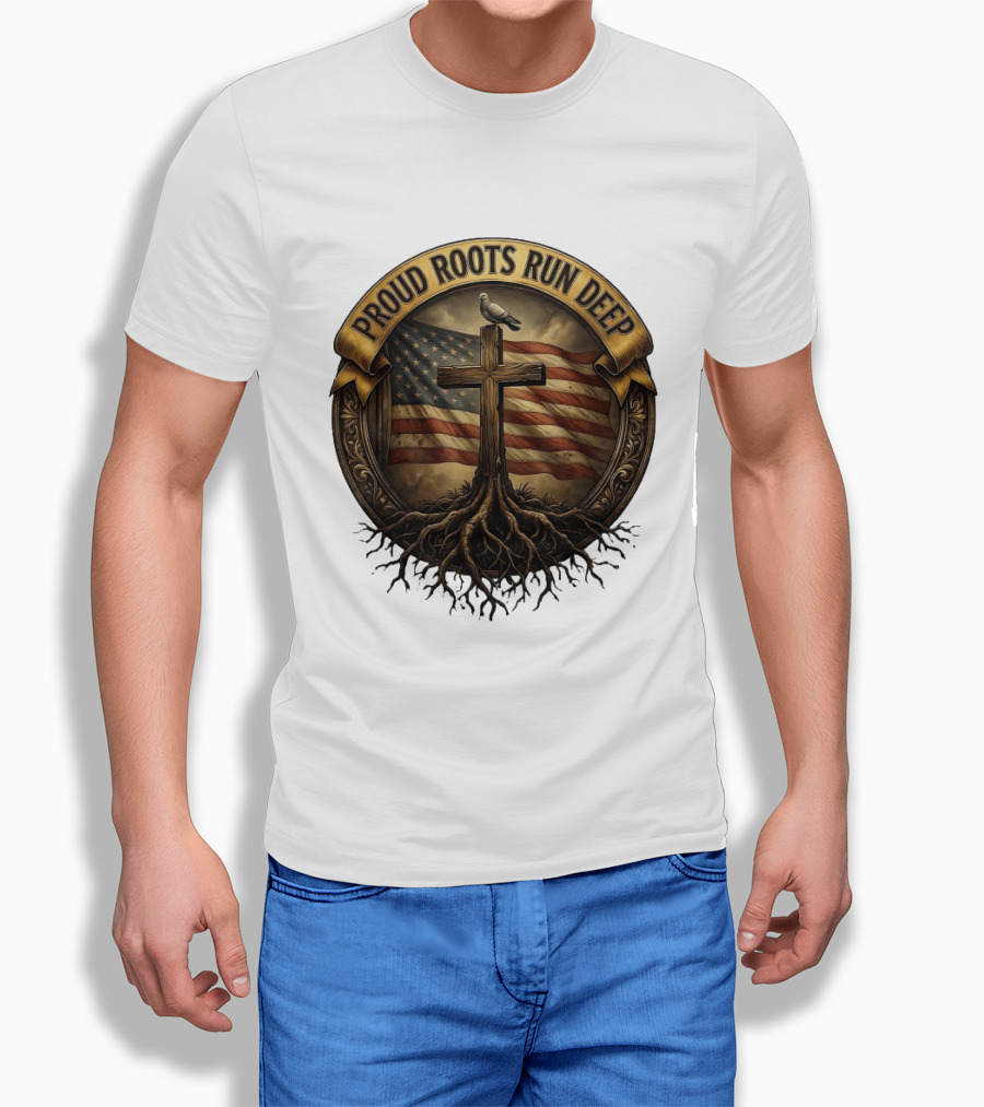 Proud Roots Run Deep Cross Dove American Flag Roots T-Shirt