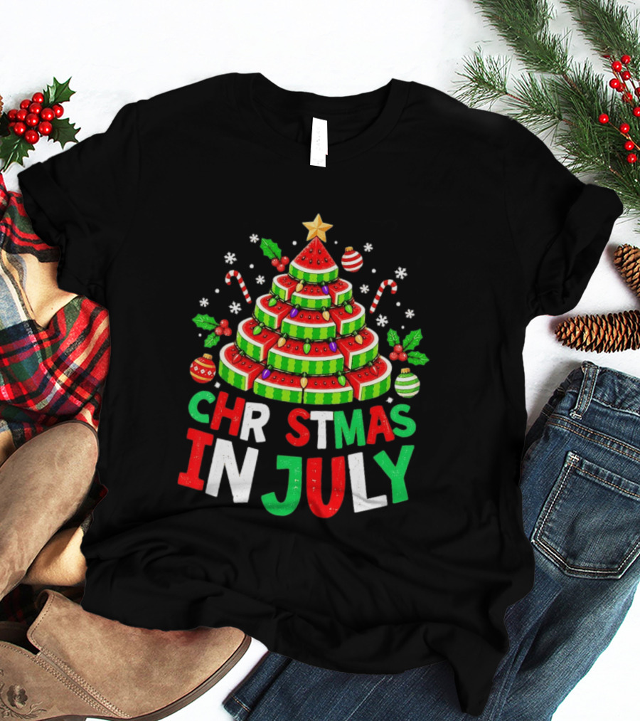 Christmas In July Watermelon Tree With String Lights And Candy Canes T-Shirt