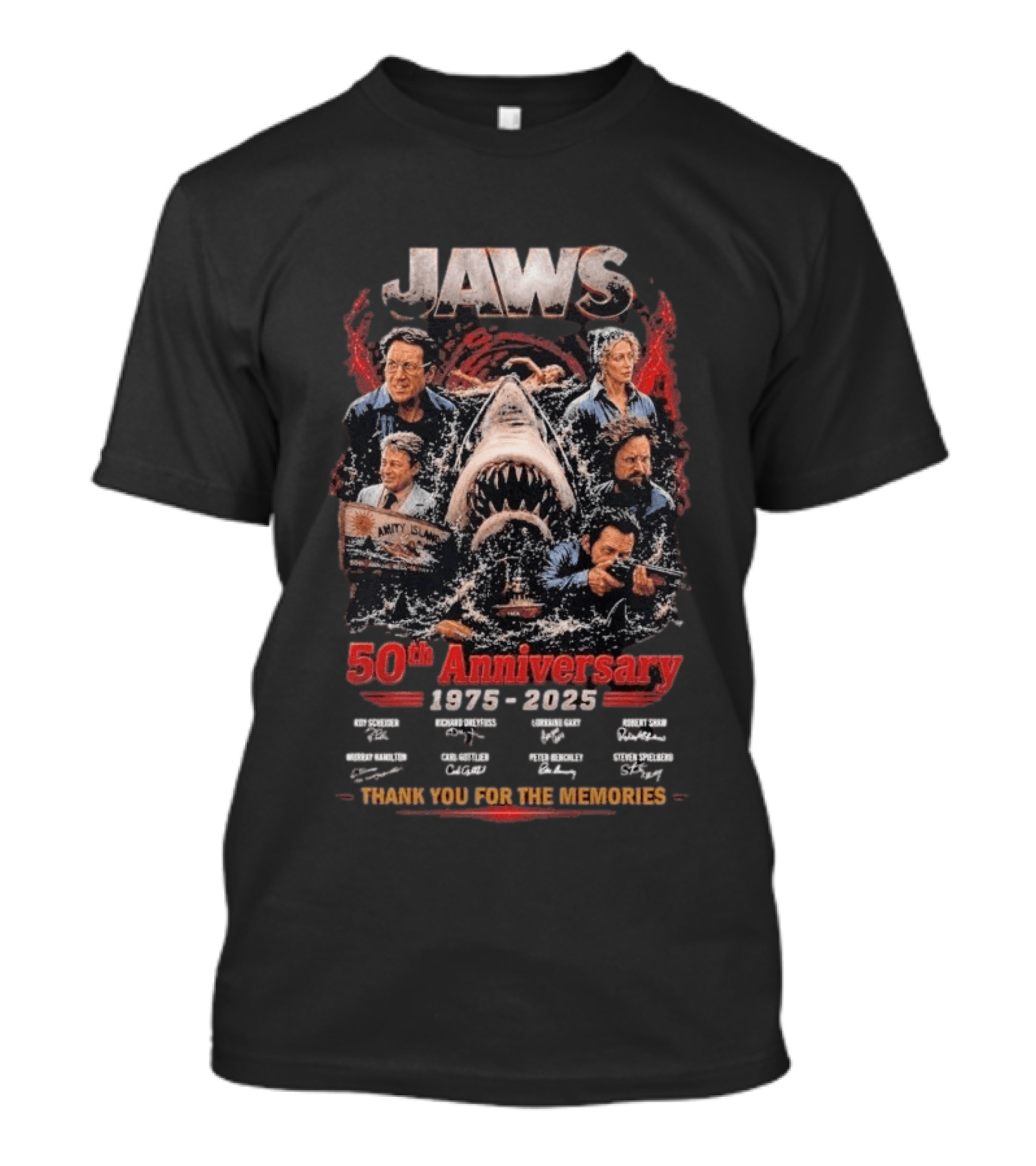 Jaws 50th Anniversary 1975 2025 Thank You For The Memories Signatures Roy Scheider Robert Shaw Richard Dreyfuss T-Shirt