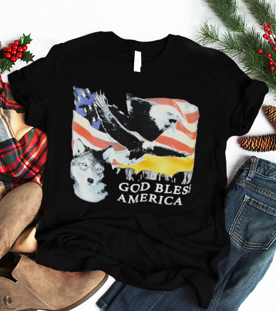 God Bless America Bald Eagle Wolf And American Flag Patriotic T-Shirt