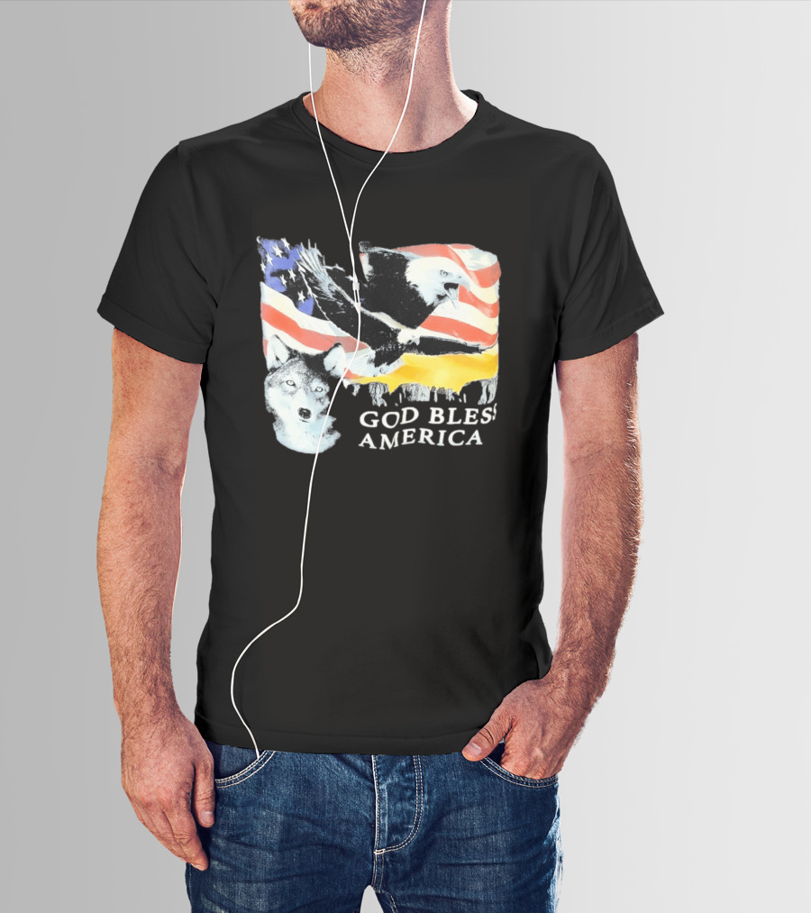 God Bless America Bald Eagle Wolf And American Flag Patriotic T-Shirt