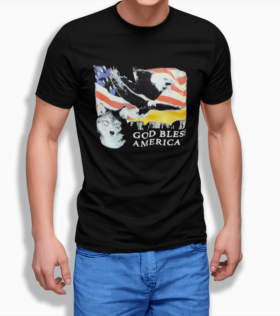 God Bless America Bald Eagle Wolf And American Flag Patriotic T-Shirt