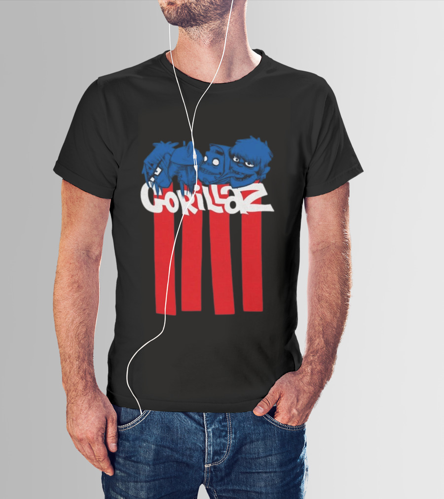 GORILLAZ Pez Heads Characters Red Stripes T-Shirt