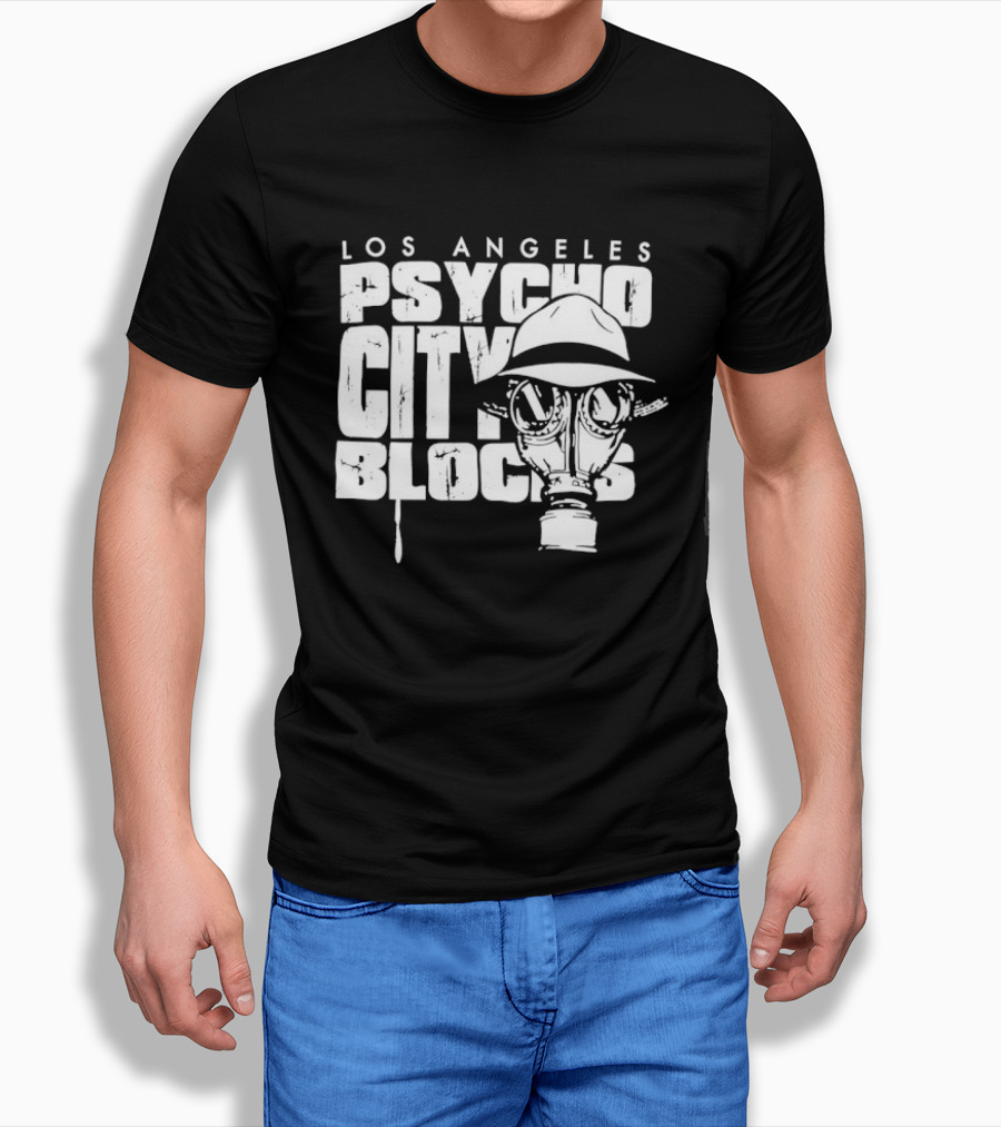 Los Angeles Psycho City Blocks Gas Mask Helmet Bold Lettering T-Shirt