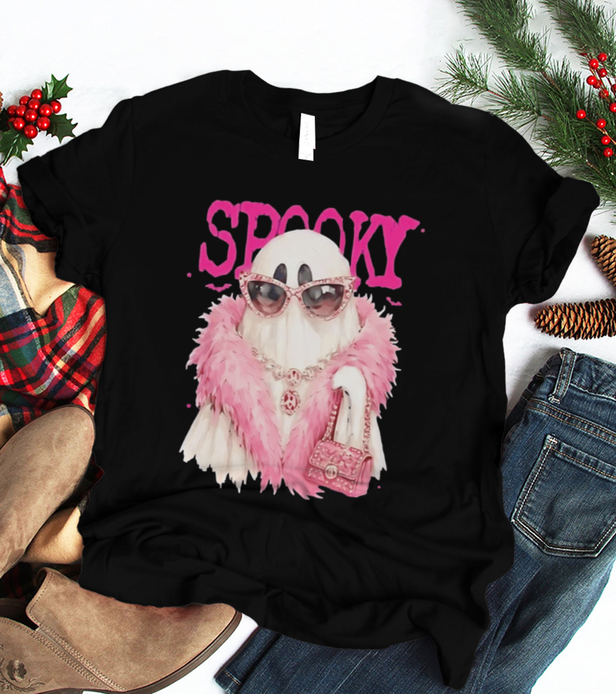 Spooky Glamorous Ghost With Pink Fur And Sunglasses T-Shirt