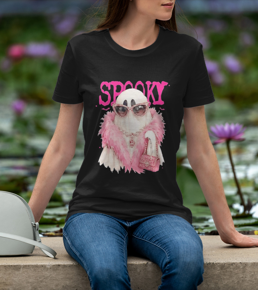 Spooky Glamorous Ghost With Pink Fur And Sunglasses T-Shirt