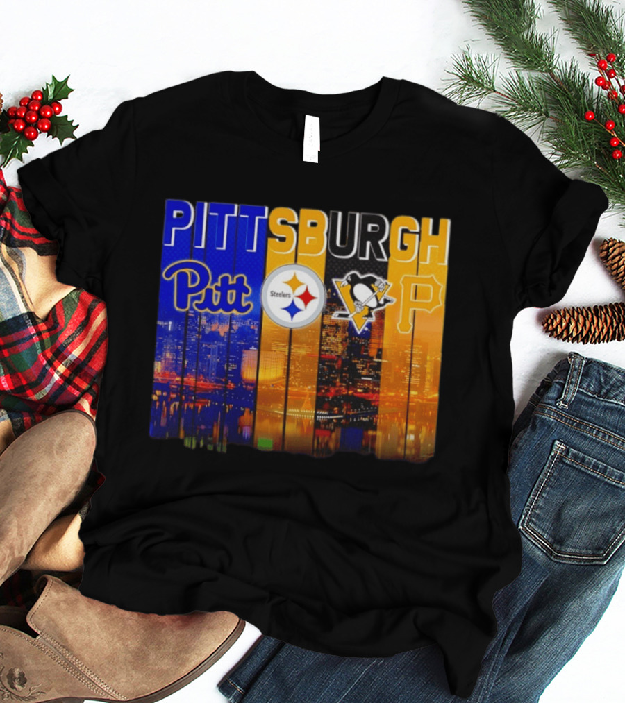 Pittsburgh Pitt Steelers Penguins Pirates City Skyline T-Shirt