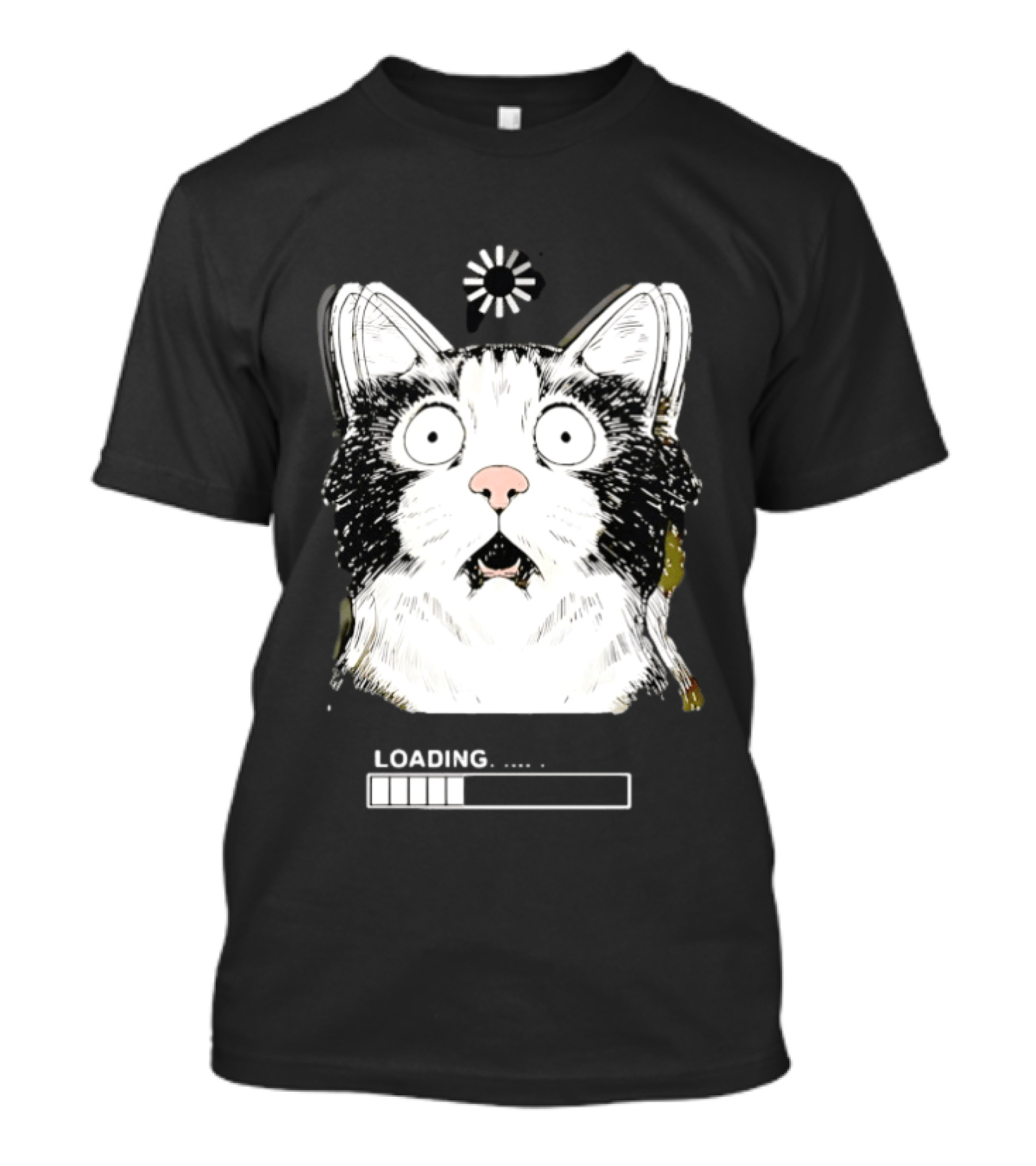 Startled Tuxedo Cat Staring Wide Eyed Beside Loading Progress Bar Meme T-Shirt