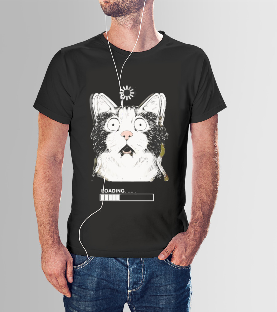 Startled Tuxedo Cat Staring Wide Eyed Beside Loading Progress Bar Meme T-Shirt