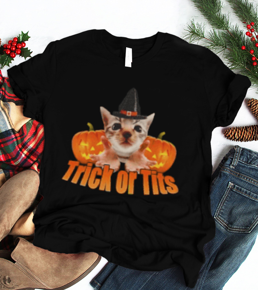 Trick Or Tits Halloween Cat Witch Pumpkin Hat T-Shirt