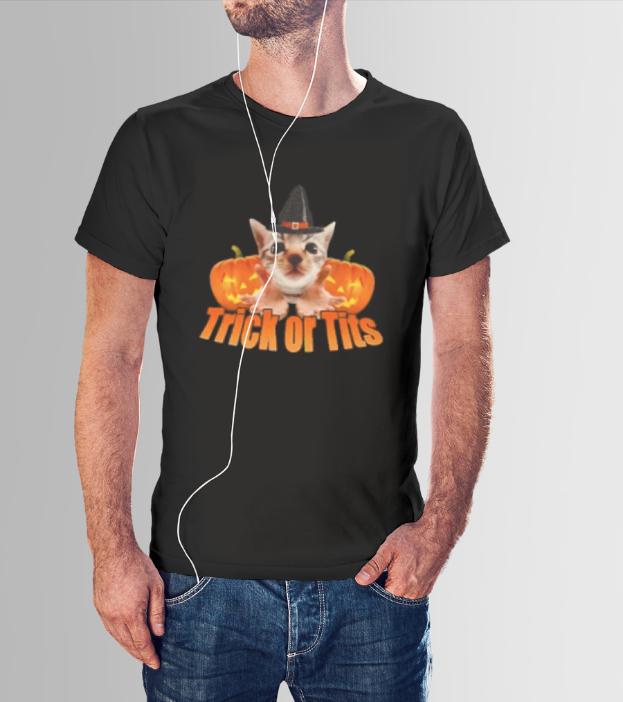 Trick Or Tits Halloween Cat Witch Pumpkin Hat T-Shirt
