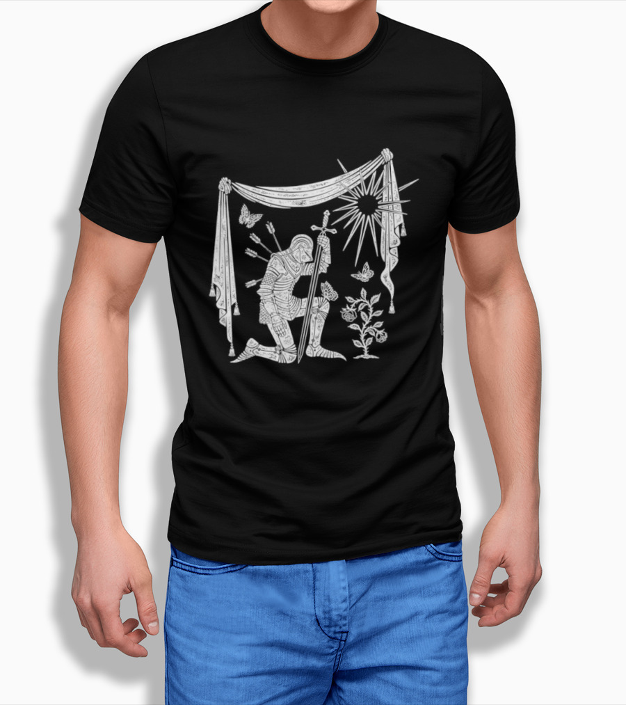 Knight Kneeling With Sword And Arrows Medieval Warrior Sun And Nature Motif T-Shirt