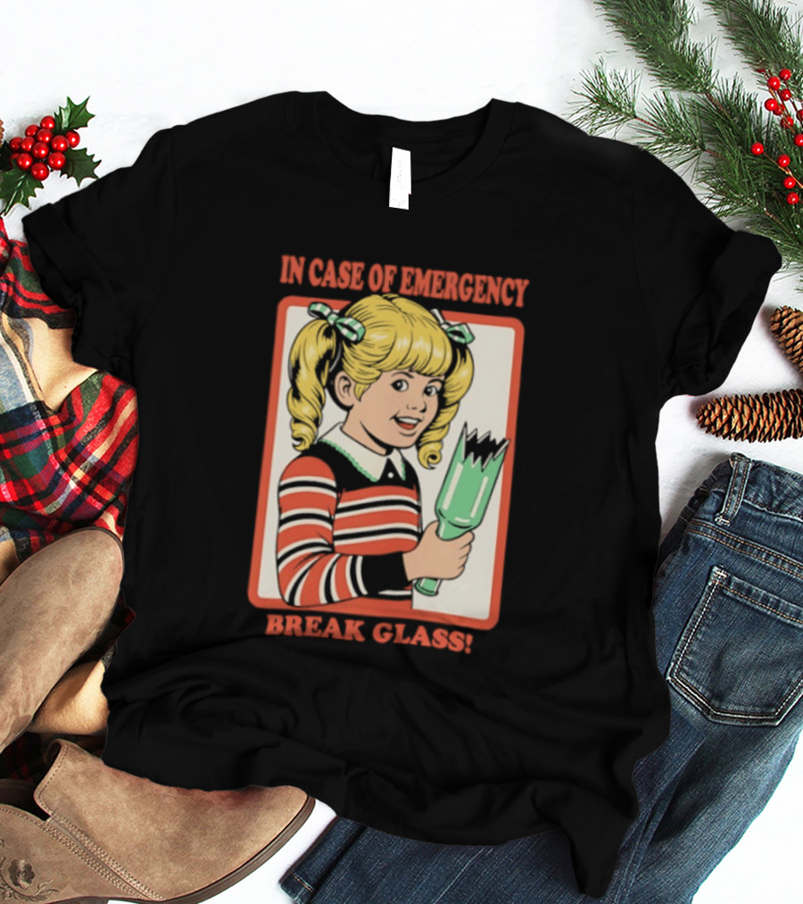 In Case Of Emergency Break Glass Blonde Girl With Striped Sweater Holding Broken Bottle T-Shirt