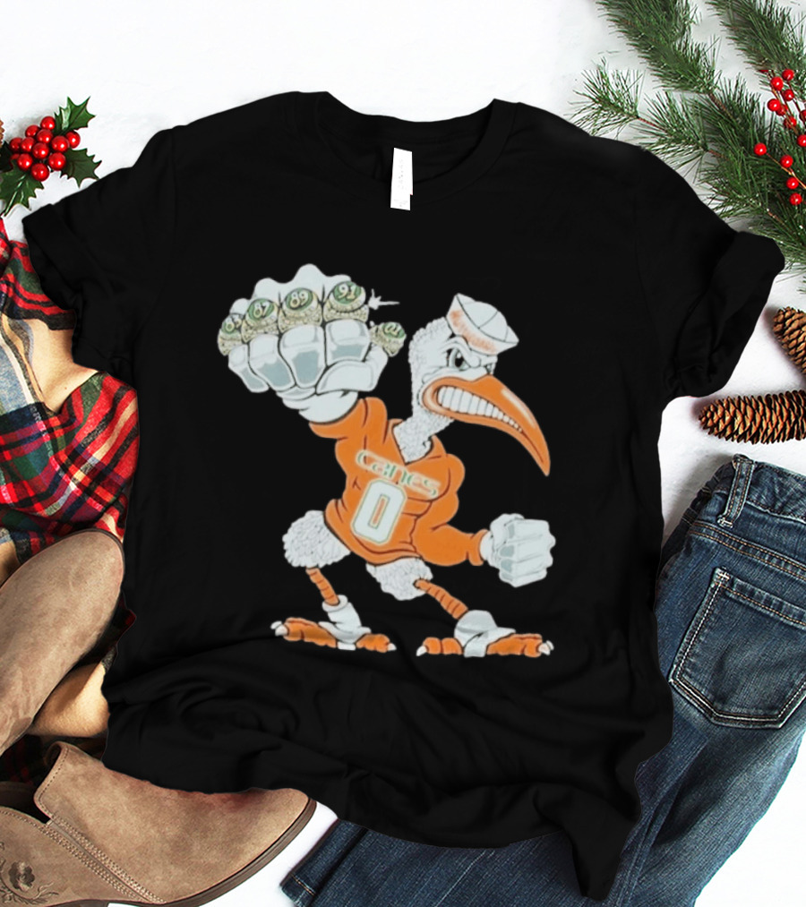 Miami Hurricanes Sebastian The Ibis 5 Rings Champs 1983 1987 1989 1991 2001 T-Shirt