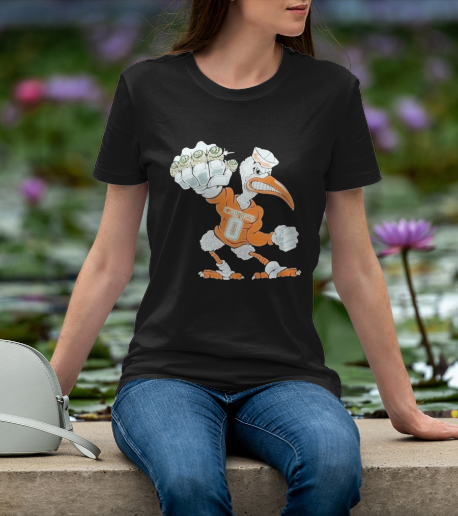 Miami Hurricanes Sebastian The Ibis 5 Rings Champs 1983 1987 1989 1991 2001 T-Shirt