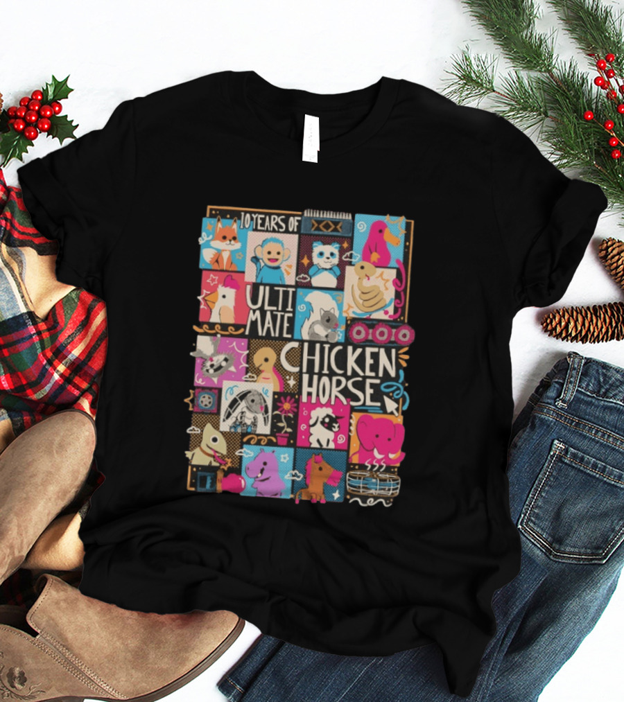 10 Years Of Ultimate Chicken Horse Anniversary With Colorful Animal Characters T-Shirt