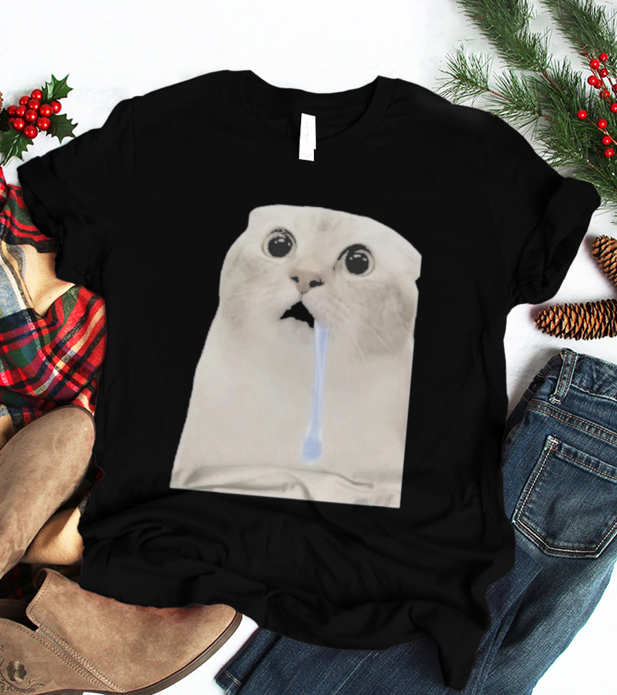 Wide Eyed Drooling Cat Meme Humor T-Shirt