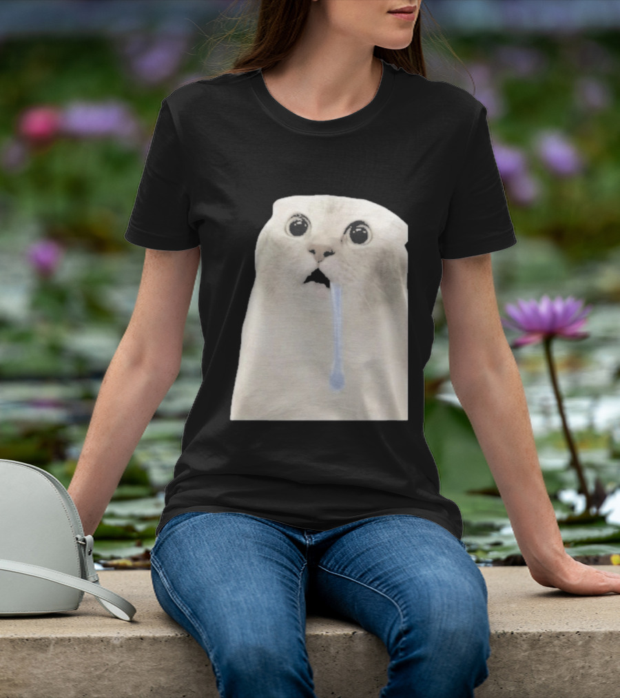 Wide Eyed Drooling Cat Meme Humor T-Shirt