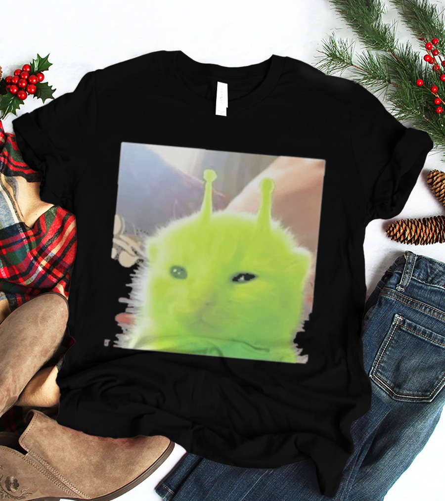Glorp Alien Cat Winking Whimsical Green Feline With Antennae T-Shirt