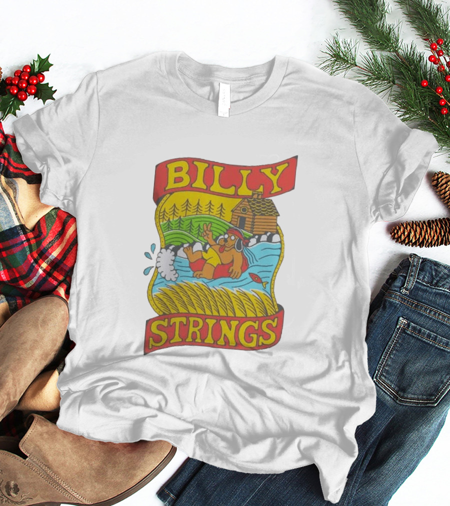 Billy Strings Tubing Bear Cabin Scene With Trees And Fish T-Shirt