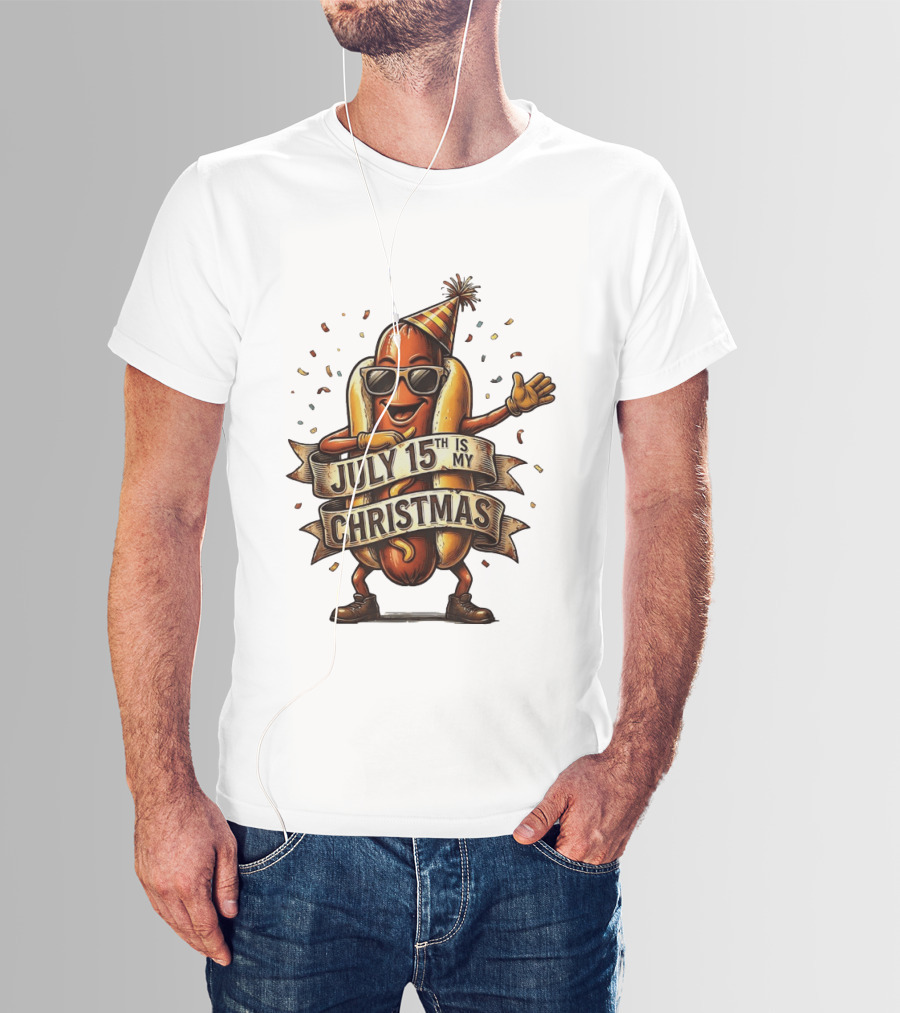 Hot Dog Wearing Sunglasses And Party Hat July 15th Is My Christmas T-Shirt